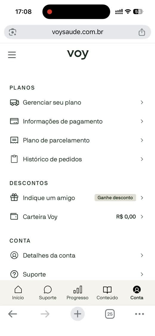 Tela da conta Voy com a opção Indique um amigo