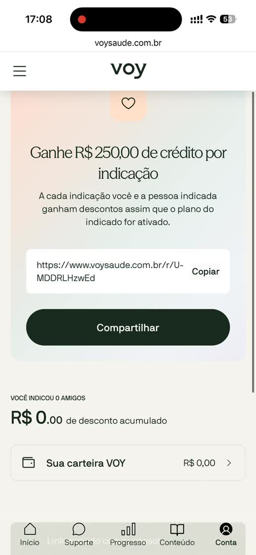 Tela com o link de indicação pronto pra copiar